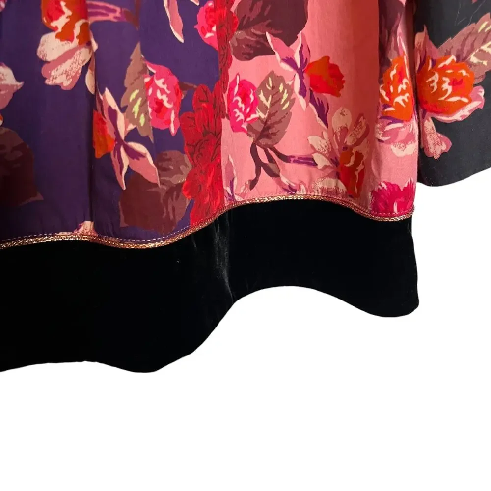 Johnny Was Jade Kimmy Smocked Floral-Print Peasant Top Embroidered Velvet Trim L